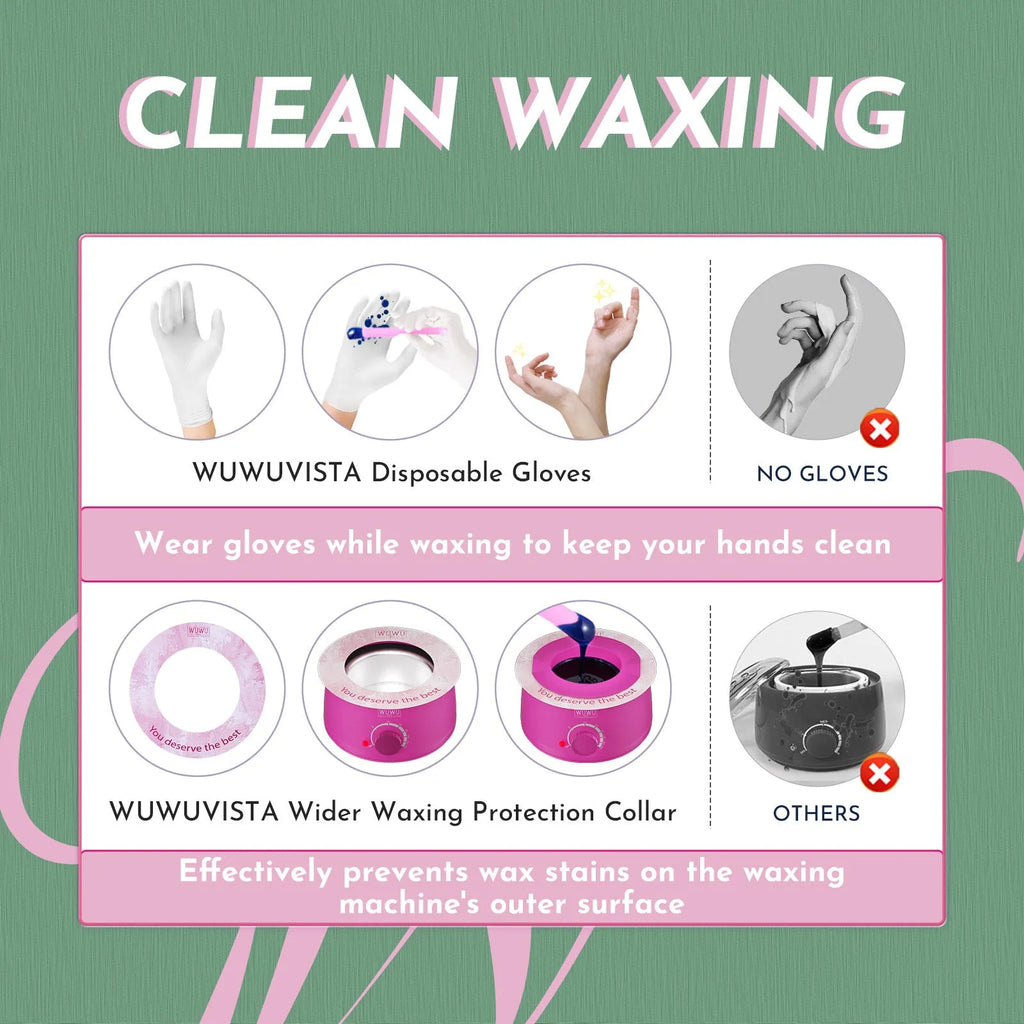 WUWUVISTA professional waxing kit with black smart wax warmer, coloured wax beads, applicators, and aftercare products.
