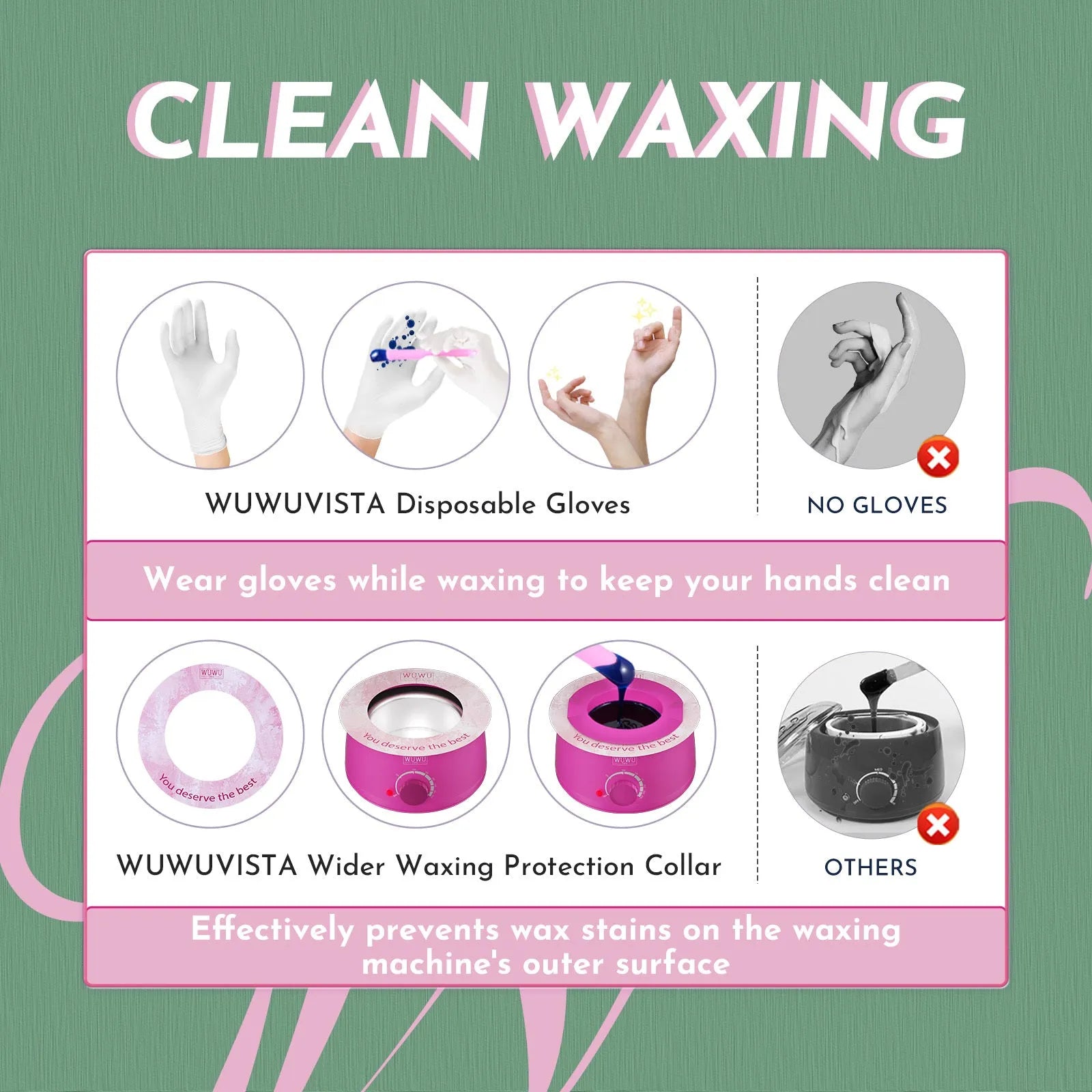WUWUVISTA professional waxing kit with black smart wax warmer, coloured wax beads, applicators, and aftercare products.