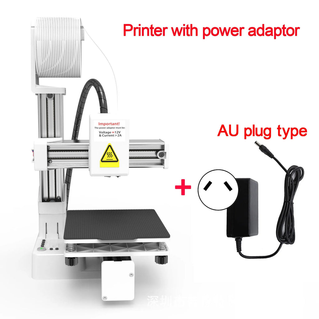 White EasyThreed K10 3D printer on a desk with power cord and instruction manual.
