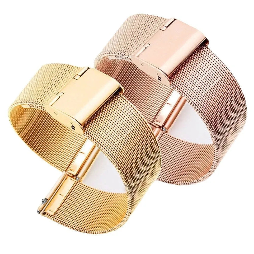 Milani silk woven stainless steel watch band showing multiple width sizes and colour options