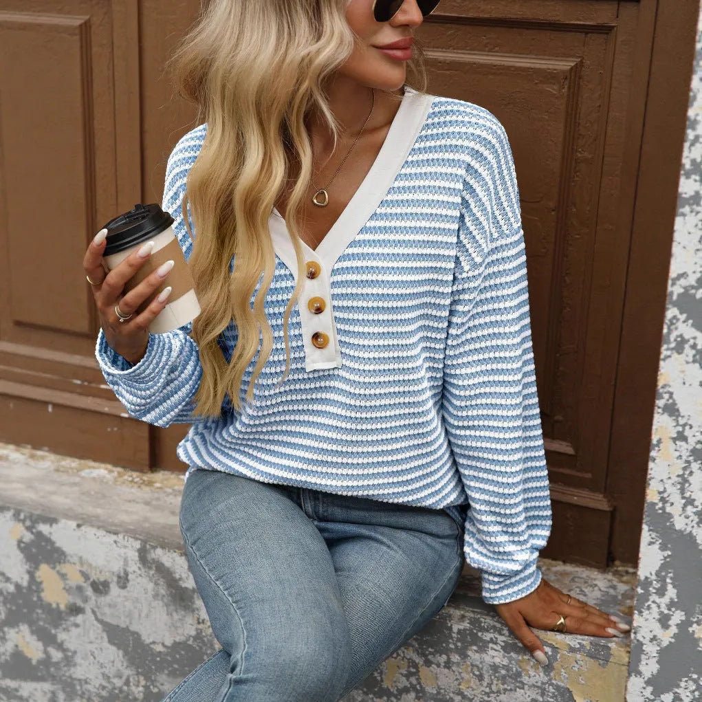 Women's V-neck pullover top with patchwork design and long sleeves in loose casual fit