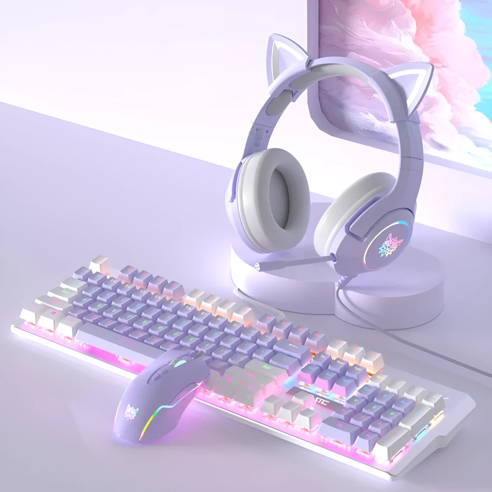 Purple and white mechanical keyboard and mouse wired set with backlight illumination
