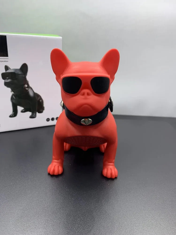 Mini bulldog-shaped Bluetooth speaker in black, red, or white colour, showing compact design.