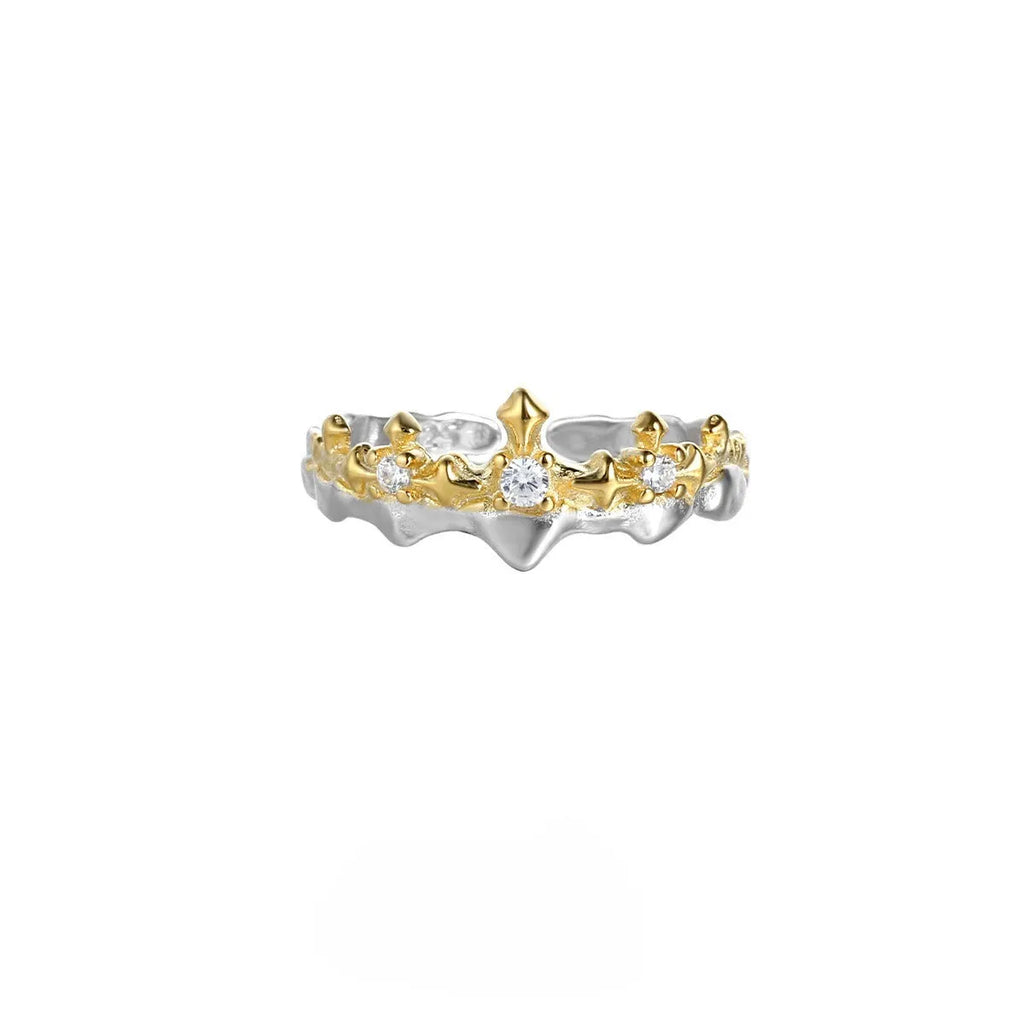 Silver adjustable opening ring with princess knight couple design in white gold or black gold electroplated finish