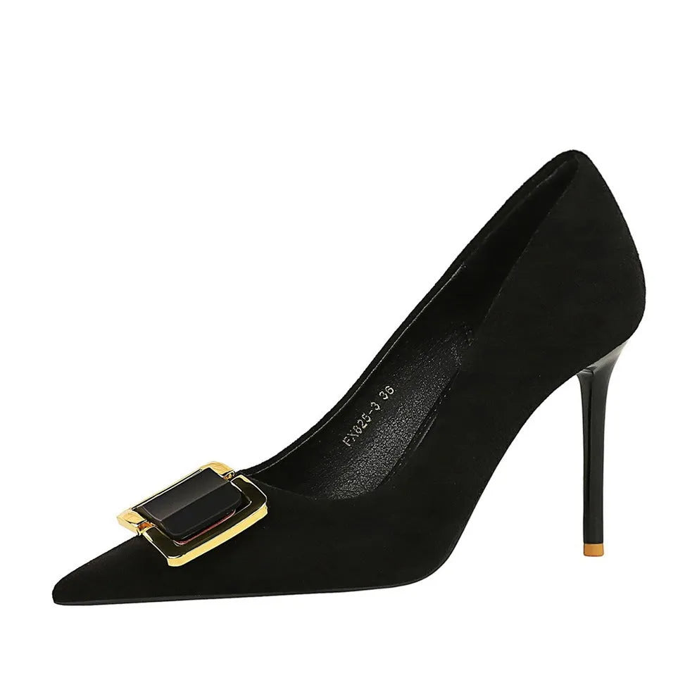 Black suede women's high heel shoes with a tall stiletto heel and tapered toe.