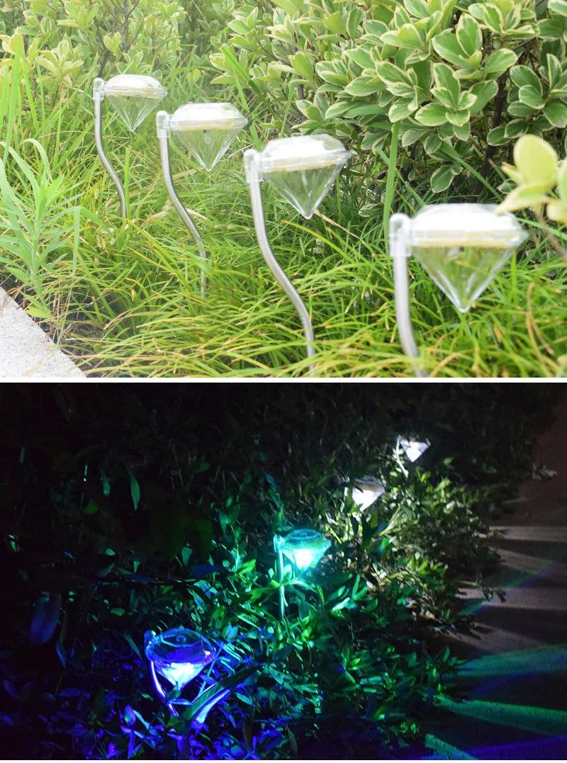 White solar-powered garden spotlight with adjustable head on a metal stake for outdoor use.