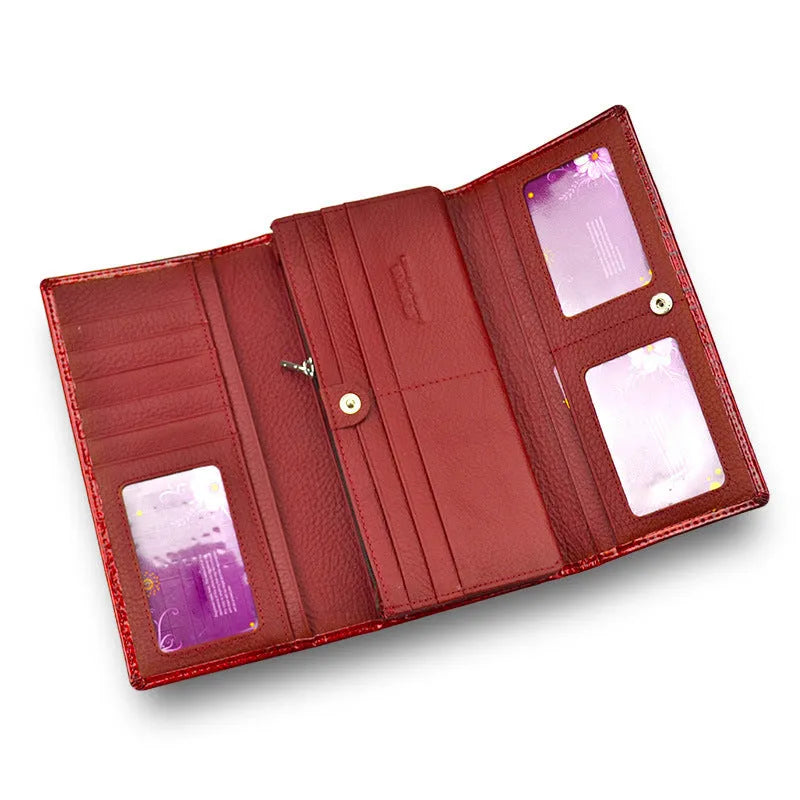 Women's genuine leather coin purse with crocodile pattern texture in wine red, black, and red colour options