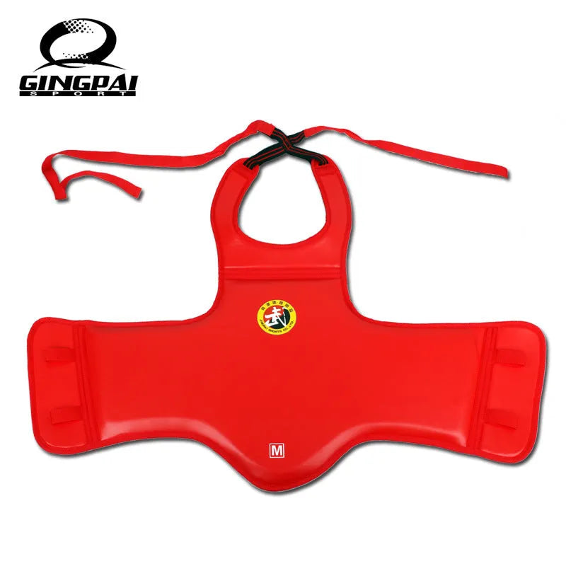Red boxing protective gear set with helmet and chest protector for training