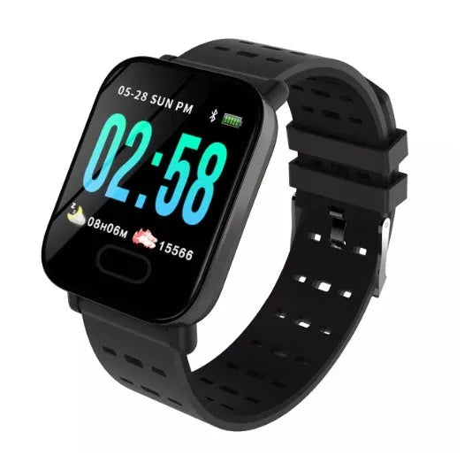 A6 smart bracelet with colour screen and silicone strap in black, blue, or orange on a wrist