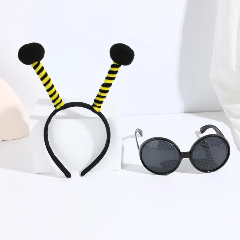 Yellow bees party costume headband and glasses set with cloth bee and ladybug appliqués.