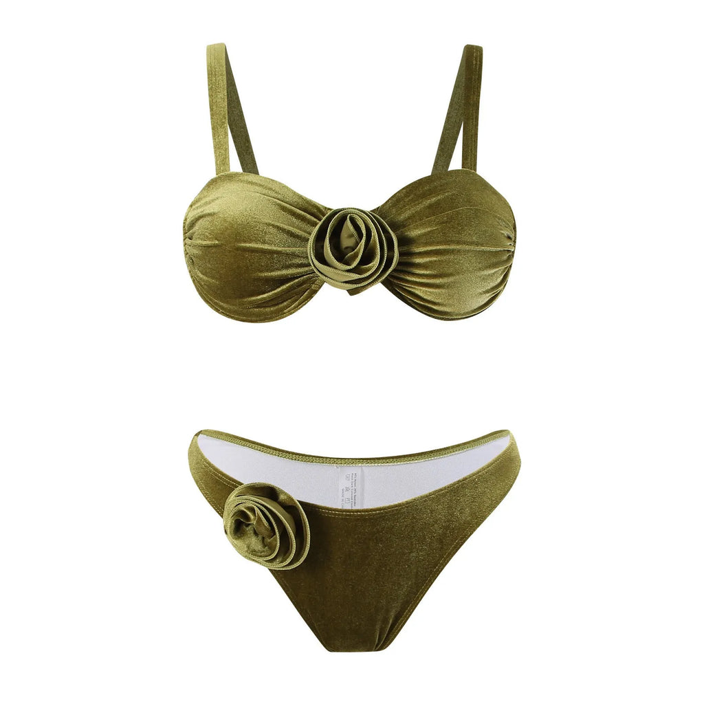 Women's green 3D floral print swimsuit with briefs style and high elasticity fabric.