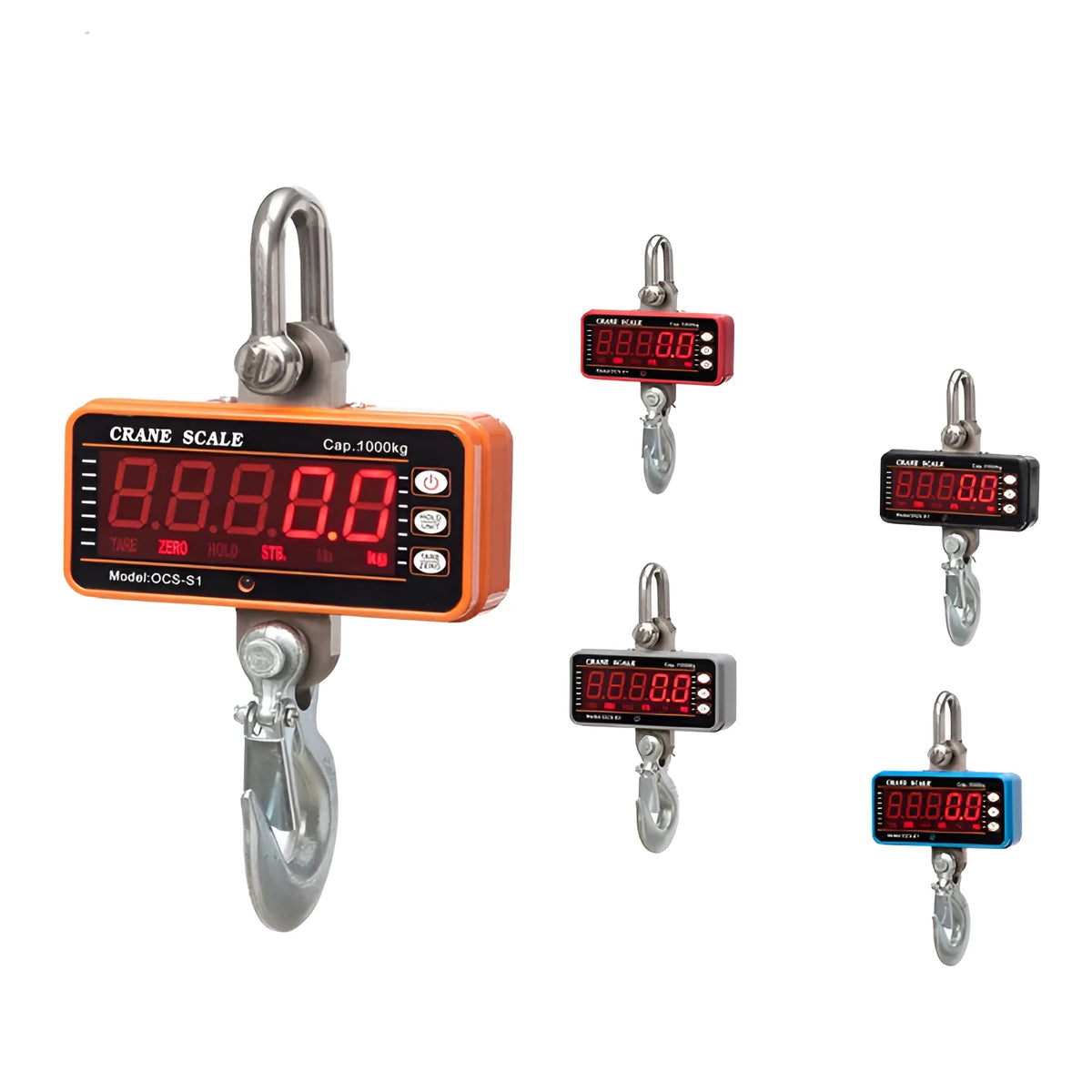 Orange electronic crane scale with digital display and hook attachment for 500 kg weighing capacity