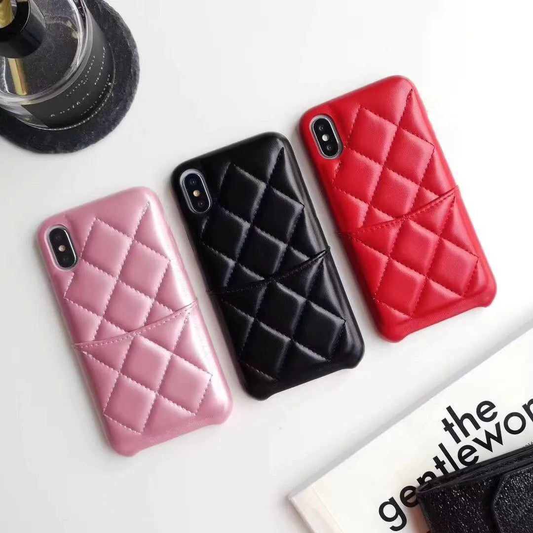 Leather mobile phone case for iPhone XS Max and other models in black, pink, or red.