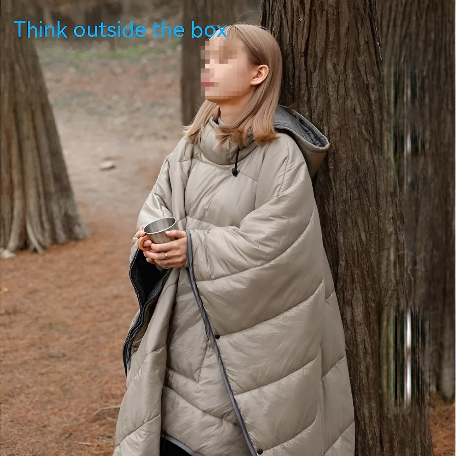 Army green outdoor cloak sleeping bag with wearable design shown in both cloak and sleeping bag configurations