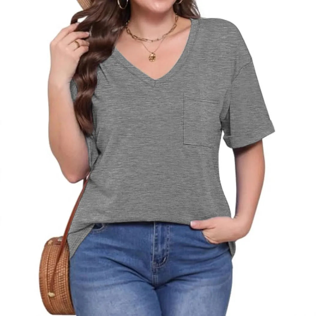 Gray loose fit V-neck t-shirt with front pocket and short sleeves