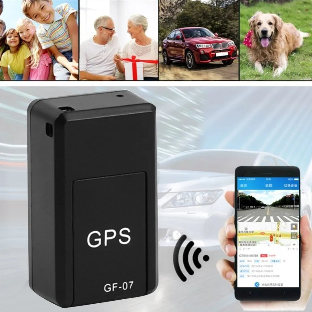 Black magnetic GPS tracker device measuring 35x20x14mm with USB charging cable for vehicle and personal tracking