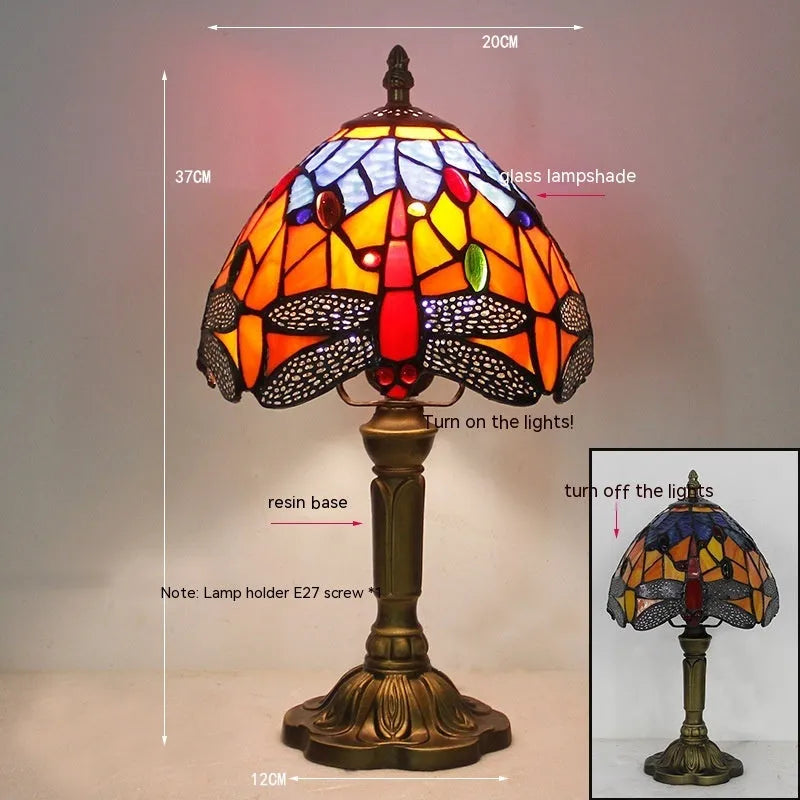 Tiffany style dragonfly stone table lamp with blue or green glass pattern and stone base for bedroom living room