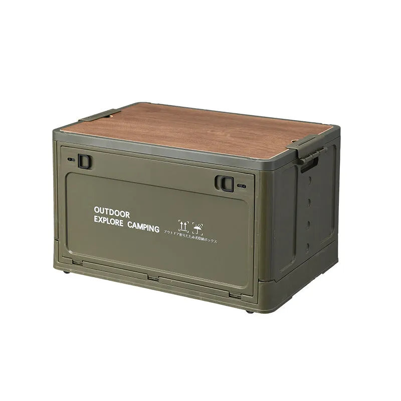 Large Nordic green foldable plastic storage box with wooden lid showing 45L capacity.