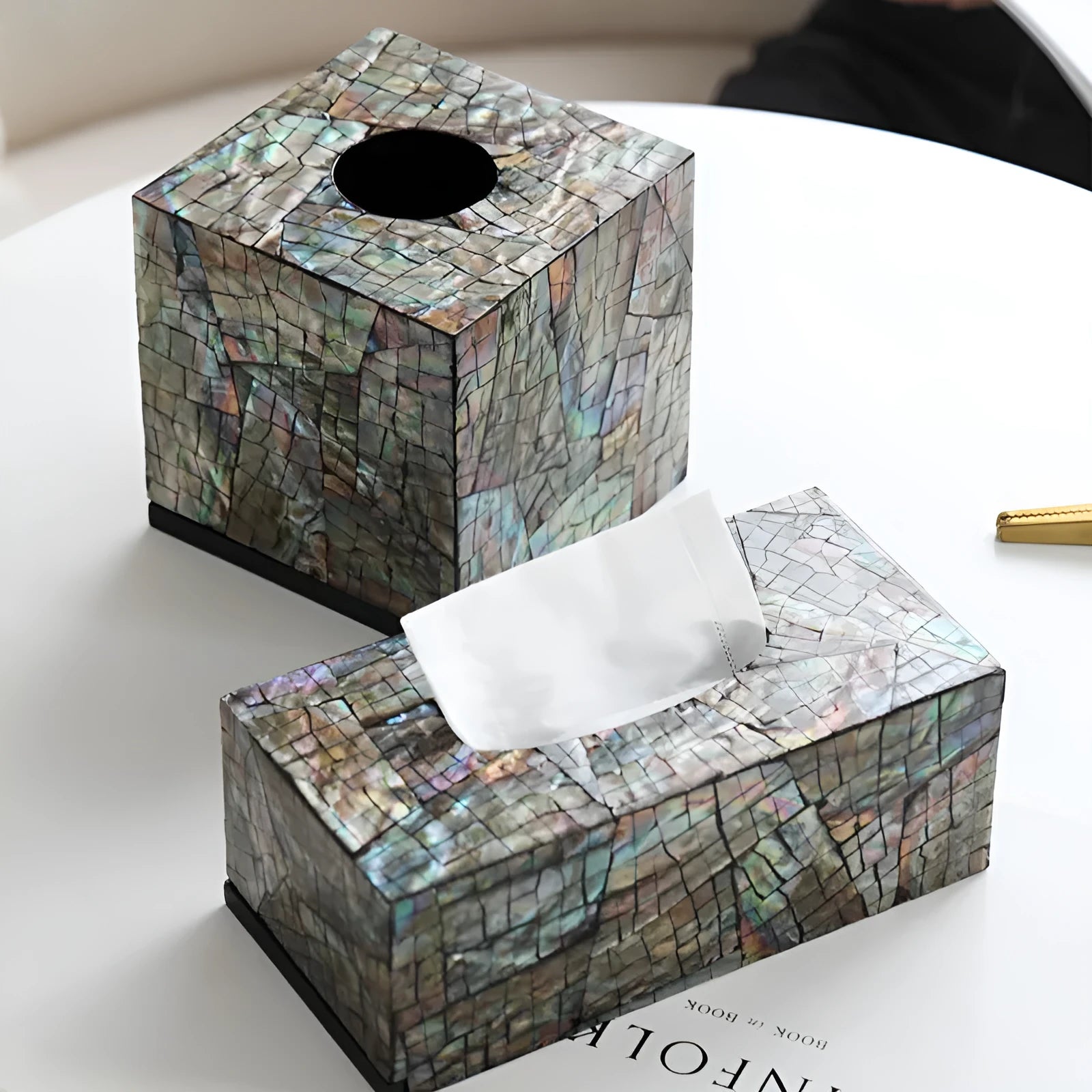 Black natural shell tissue box storage organiser with removable insert in rectangular and square options.