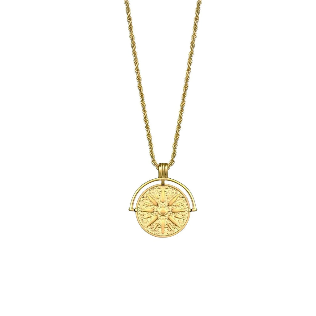 Stainless steel sunflower pendant necklace with geometric embossed designs on adjustable hemp flower chain
