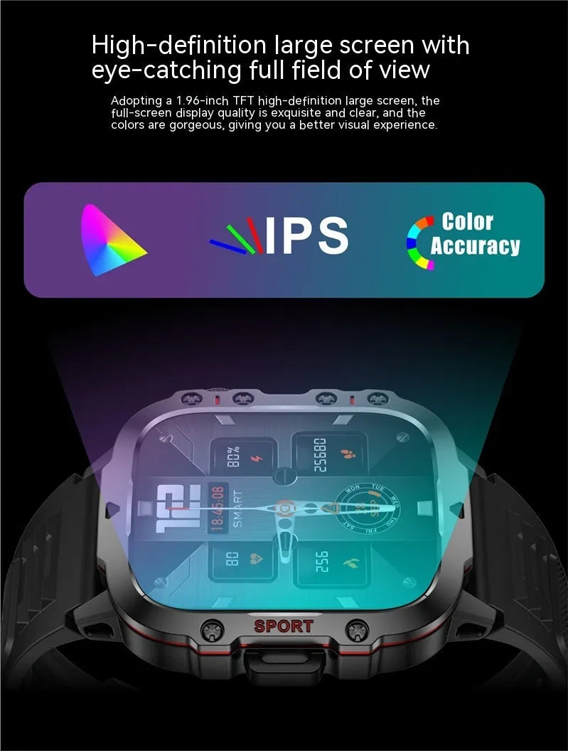 QX11 Smart Watch in black with silicone strap showing TFT touch screen displaying heart rate data.