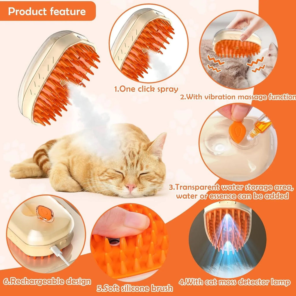 Yellow 4-in-1 cat steam brush with vibration massage and ringworm detector for pet grooming