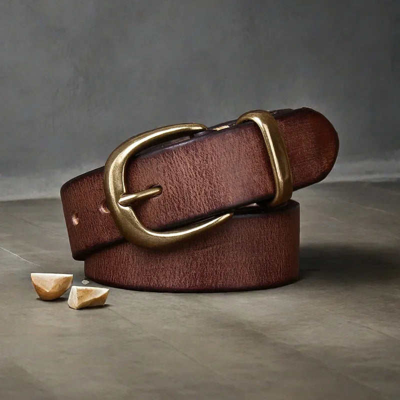 Men's first layer cowhide leather belt with copper pin buckle in black brown and khaki colors