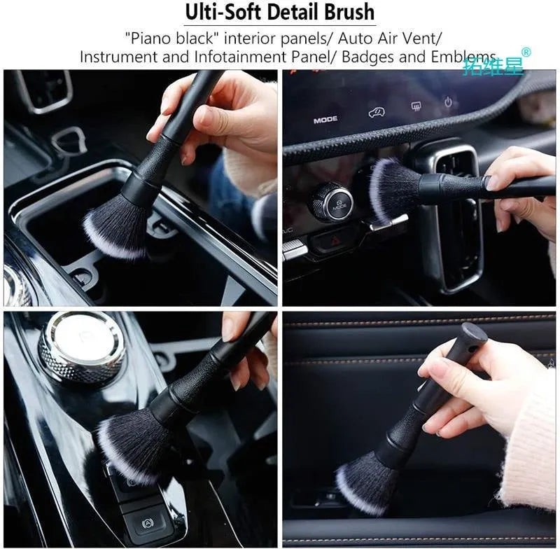 Black car detailing brush with ultra-soft pig hair bristles in two size options