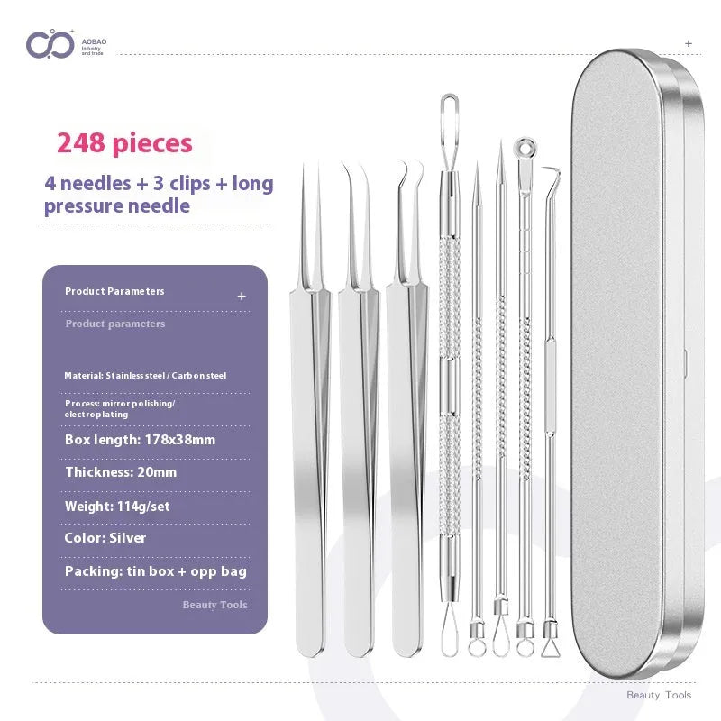 Four metal acne needles with ultra fine points stored in a black plastic clip.