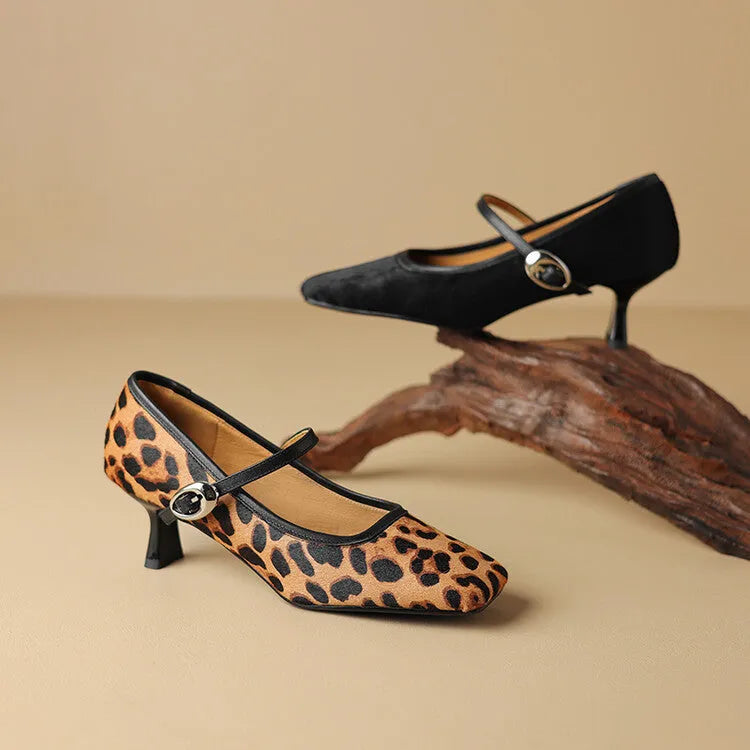 Women's black square toe stiletto ankle-strap shoes with horse hair upper and buckle closure