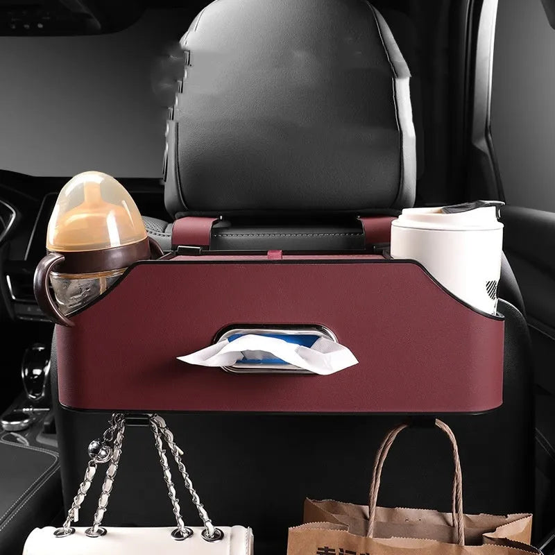 Genuine leather car storage box with tissue compartment and drink holder in beige colour