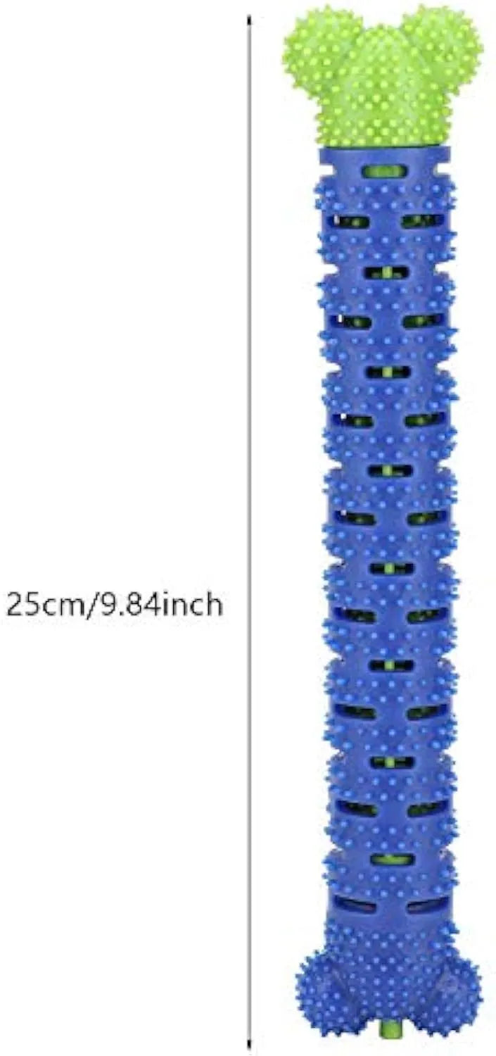 Blue-green 25cm long dog molar tooth cleaner chew toy with silicone bristles and massage nodules