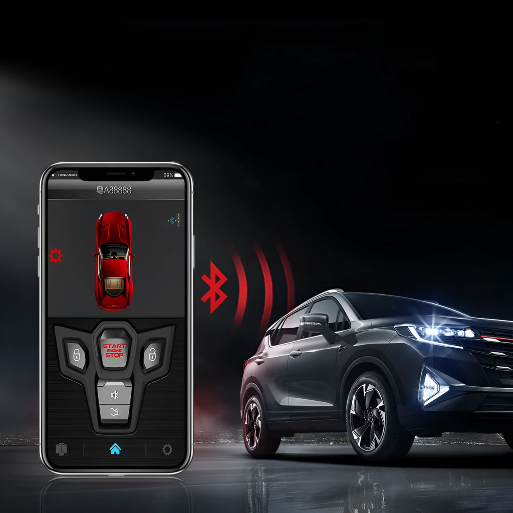 Red and frosted black one-way remote control car alarm with two remotes for vehicle security.