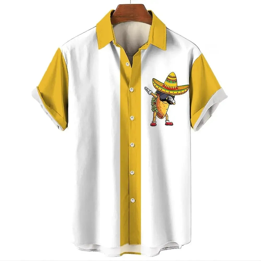 Men's striped Hawaiian short sleeve shirt with button front and elastic band construction