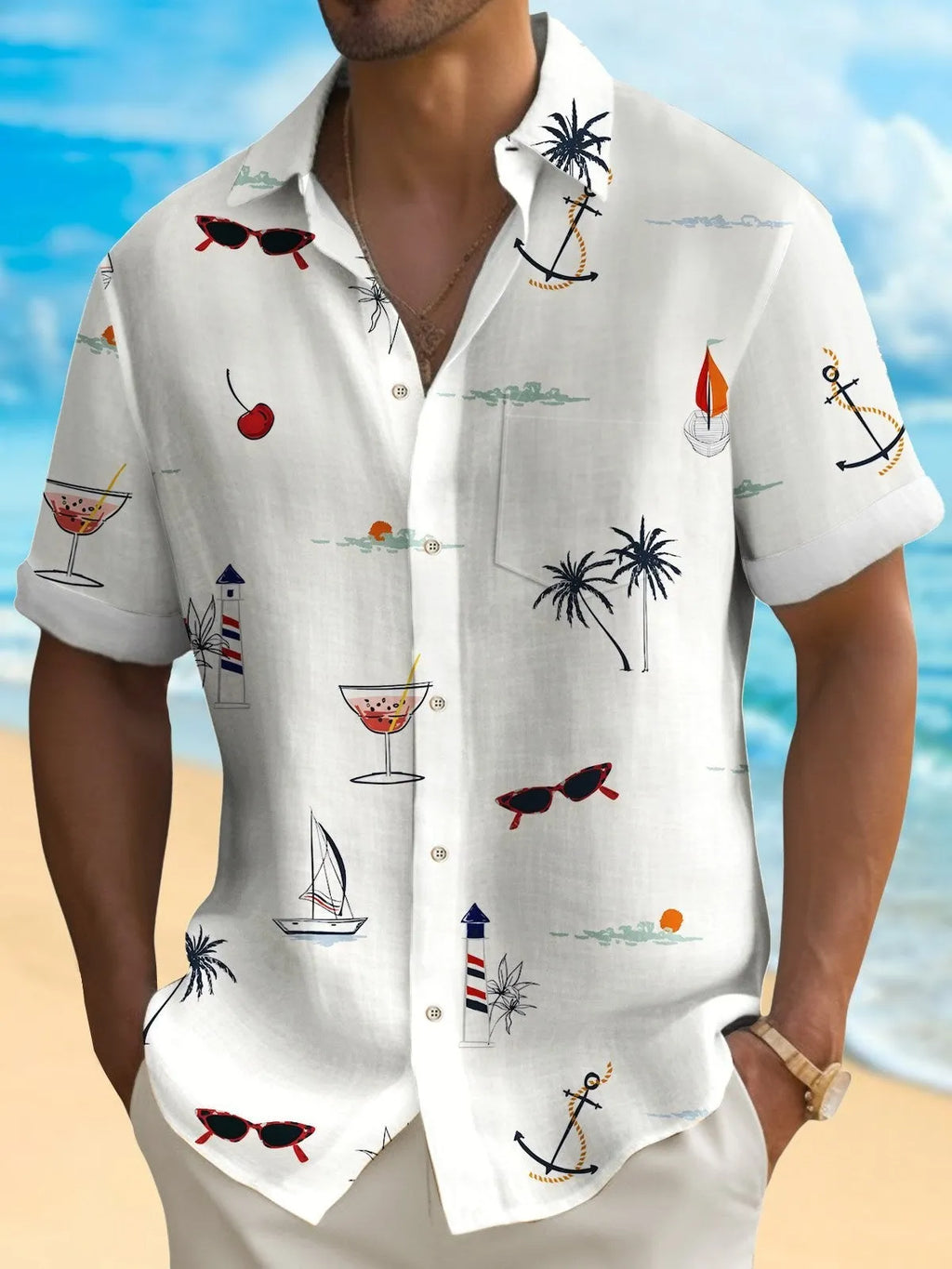 Man wearing a colourful digital print Hawaiian shirt with short sleeves and a loose fit.