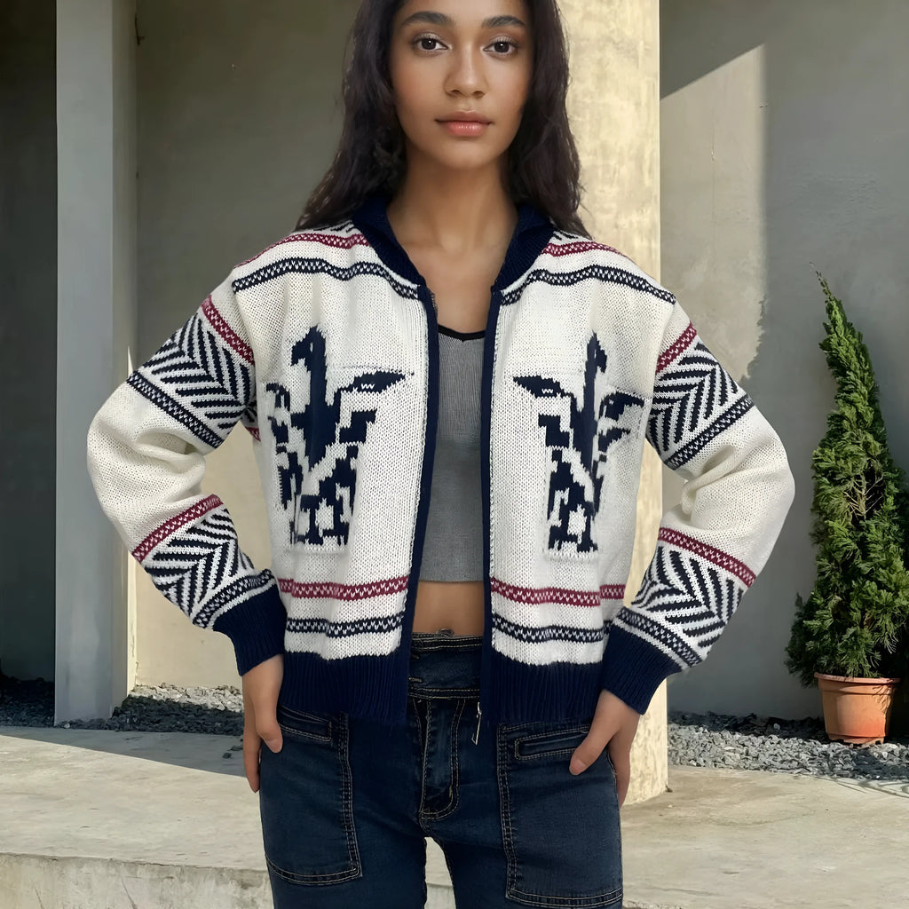 White women's wool jacquard cardigan with contrast colour pattern, lapel collar, and front zipper.