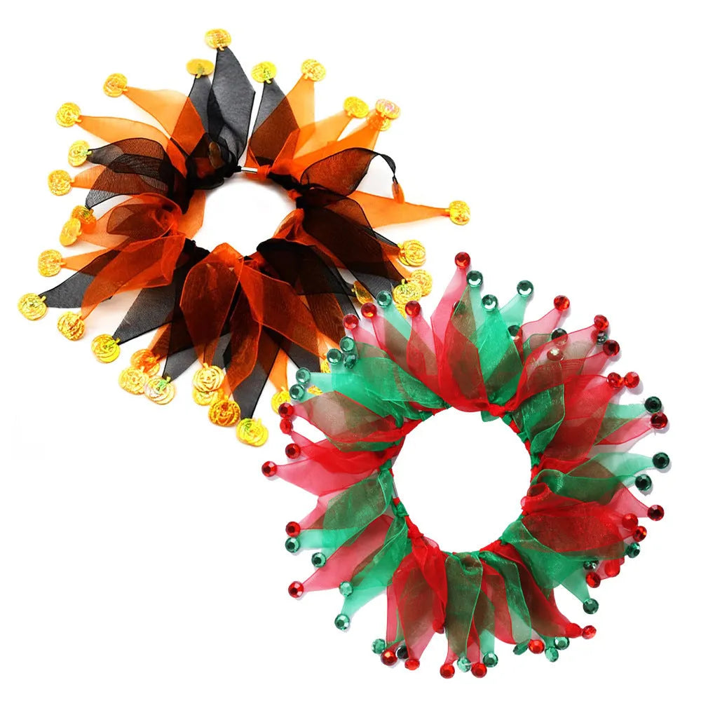 Colourful tie-dye cloth dog collar showing Christmas and Halloween patterns alongside green and blue solid colours.