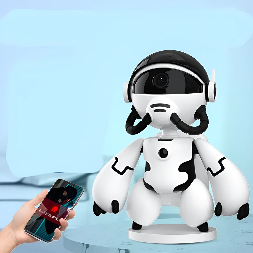 White indoor home security camera with detachable base showing 1080p HD recording capability