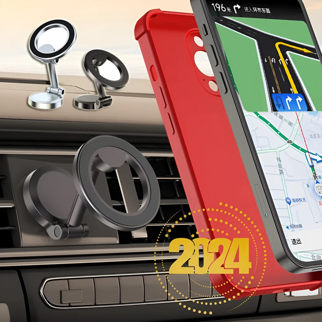 Black all-metal foldable magnetic car phone mount attached to a car dashboard.
