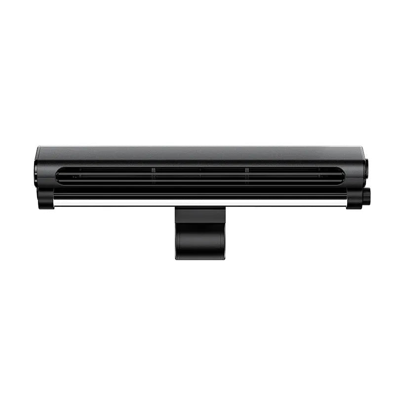 Black USB-powered bladeless clip-on fan with LED light attached to laptop screen