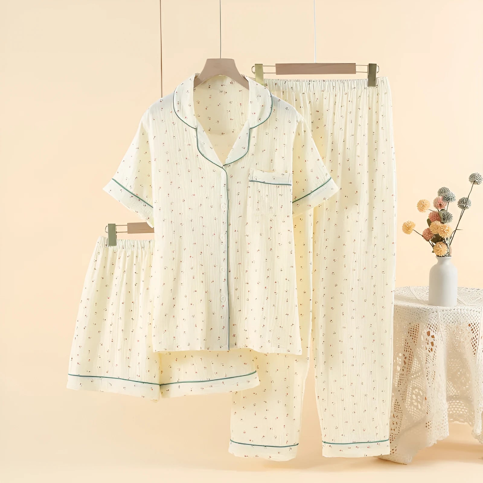 Women's cotton three-piece pajama set in garden gold colour with gauze lapel and three-quarter sleeves
