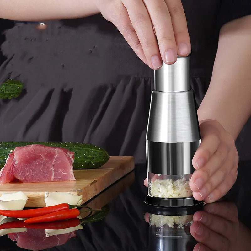 Manual garlic crusher and onion chopper with stainless steel blades, ABS PS plastic, size 6*16