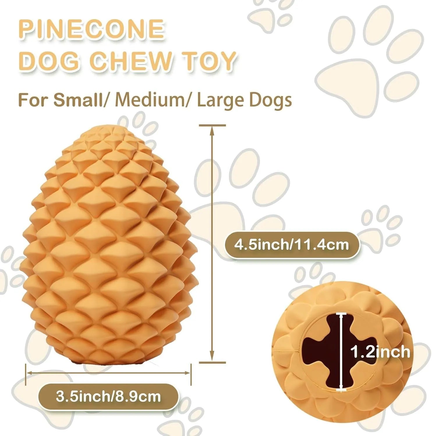 Yellow pine cone shaped dog chew toy with treat dispenser hole and textured surface