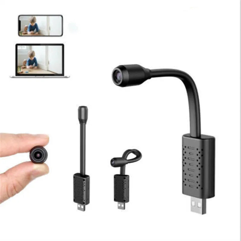 Black V380 wireless USB HD security camera on a white background