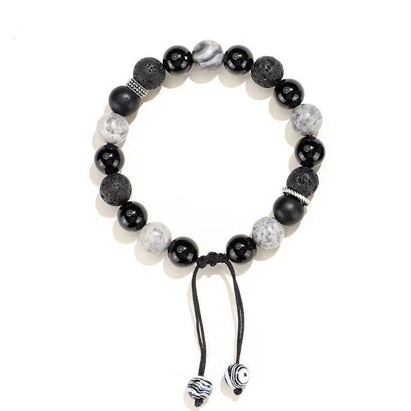 Black agate map stone and volcanic rock bracelet with diamond cut beads in 8mm and 10mm sizes