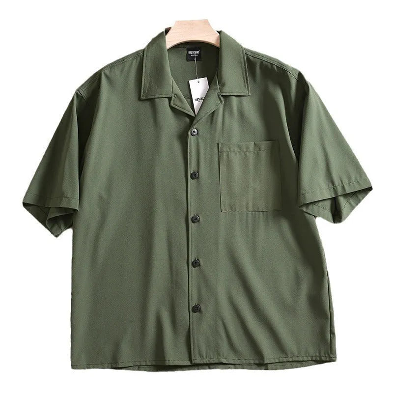 Men's lightweight loose short sleeve shirt in army green colour with cardigan styling