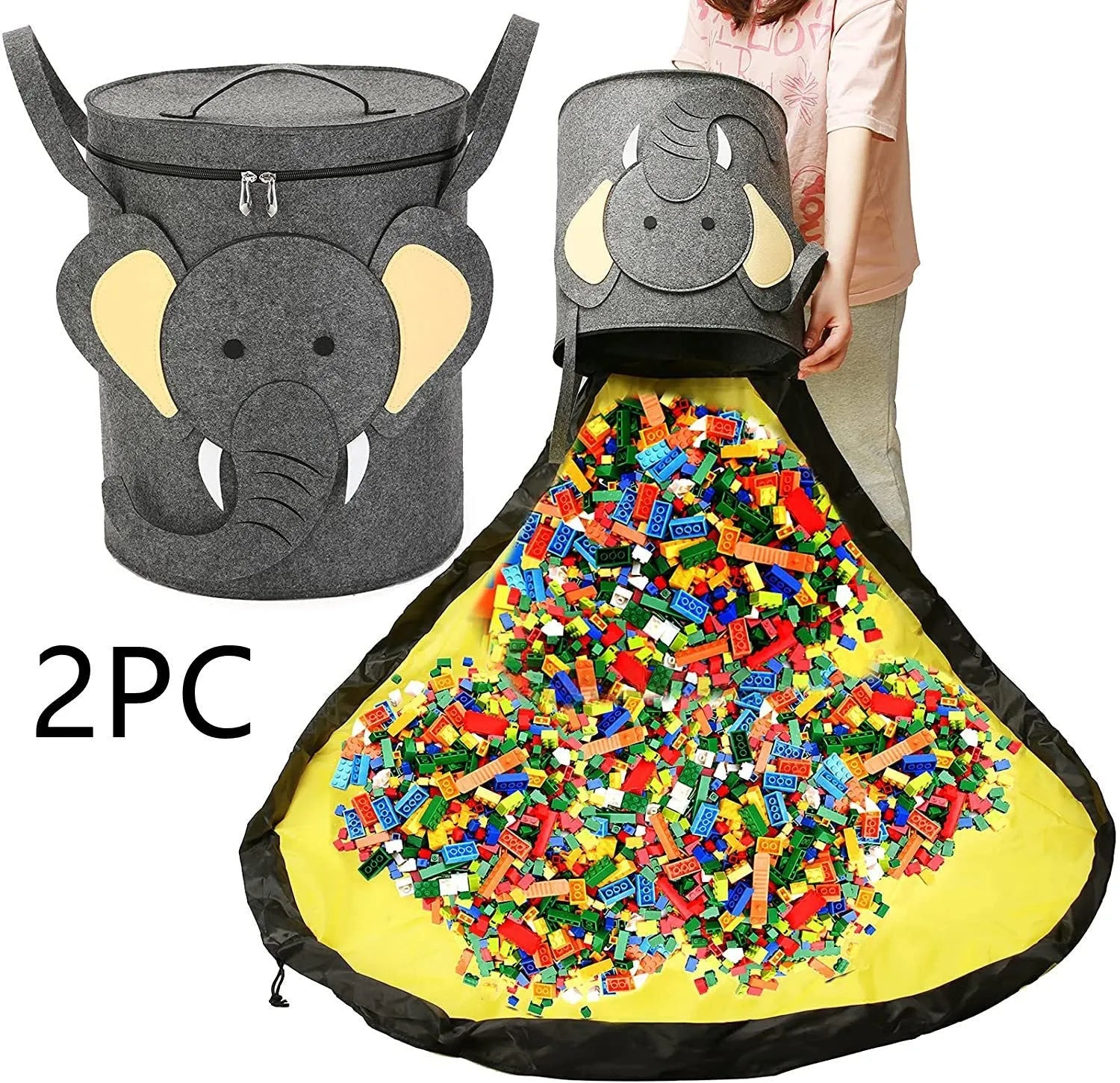 Green felt cube storage bag with pull rope, laid flat as a play mat