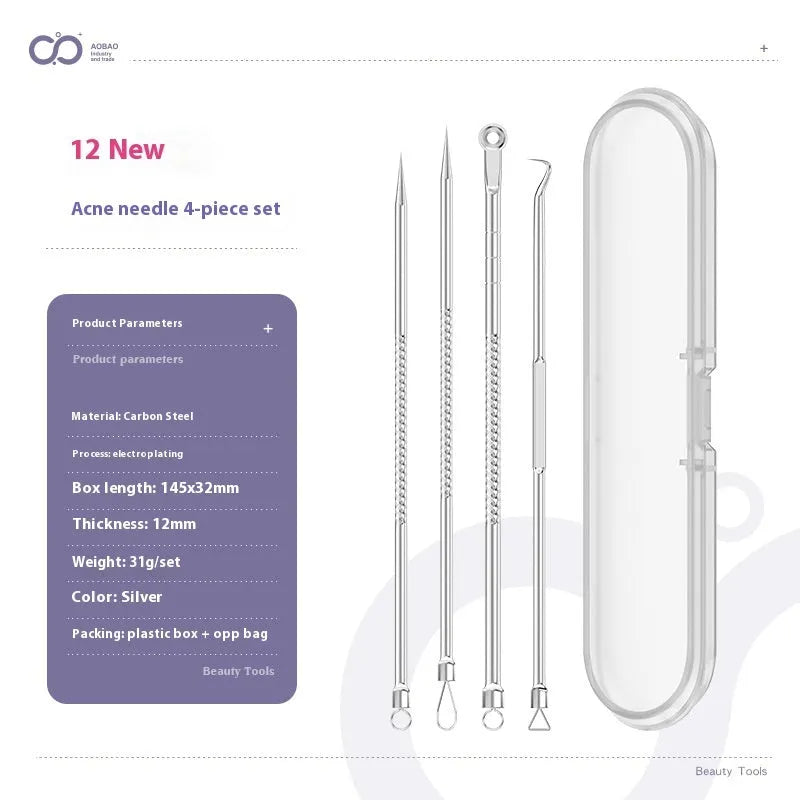 Four metal acne needles with ultra fine points stored in a black plastic clip.