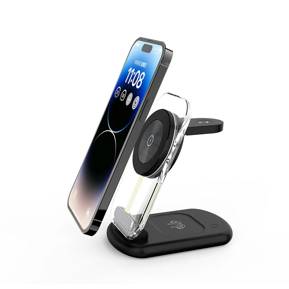Transparent folding magnetic wireless charger showing internal components with black or white casing options