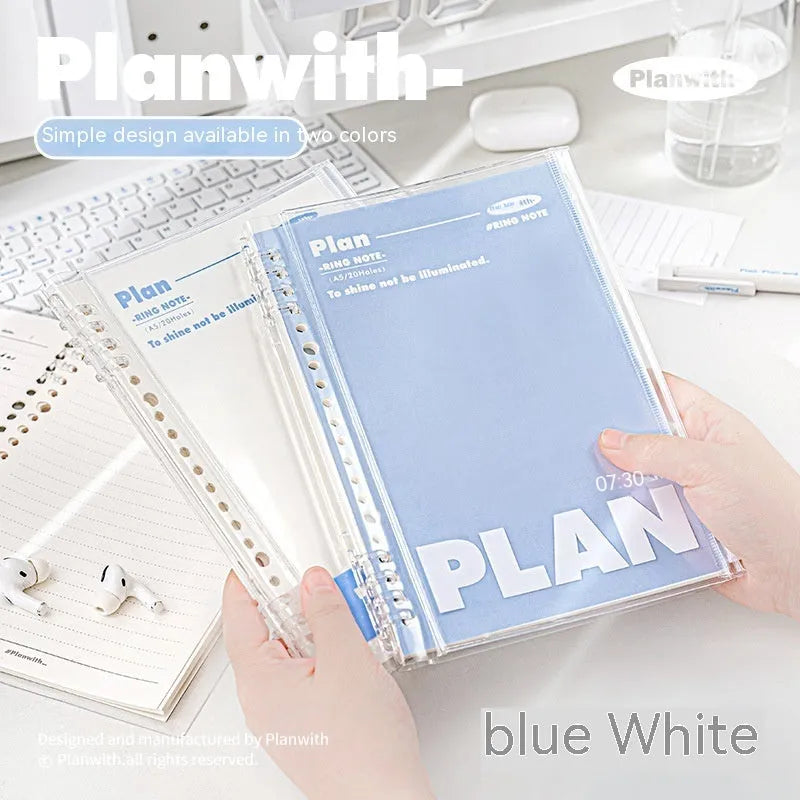 A5 blue PVC spiral-bound notebook with a transparent front pocket for loose-leaf paper.